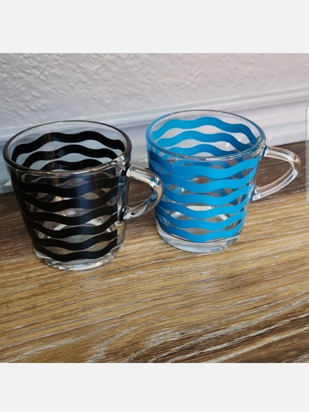 2 IKEA Swirl Wavy Glass Mugs Black & Teal Blue Green